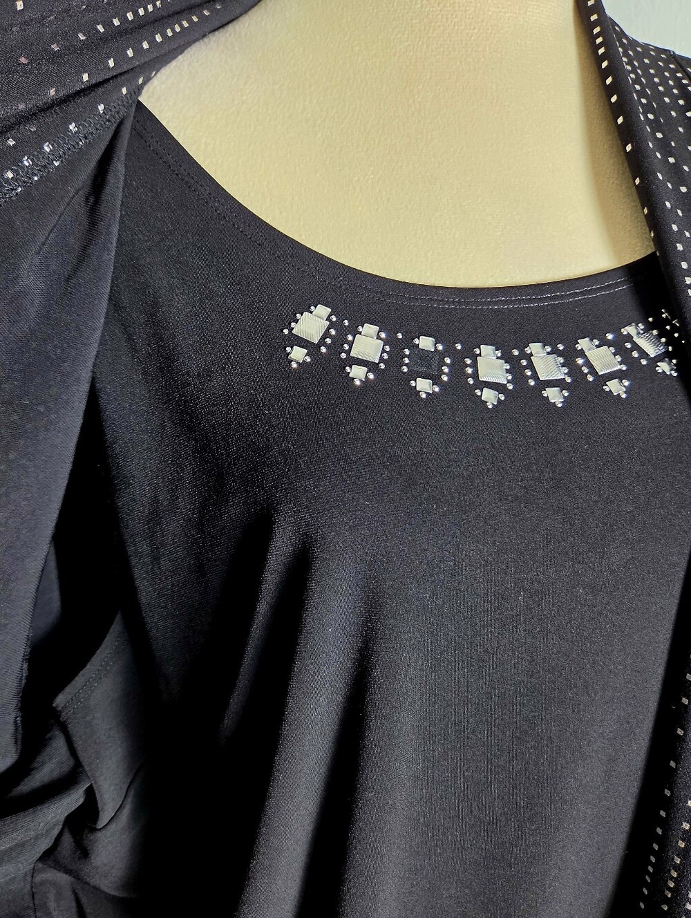 JM Collection Black & Silver Studded Waterfall Jacket with Tank, Size XL - Picture 4 of 11